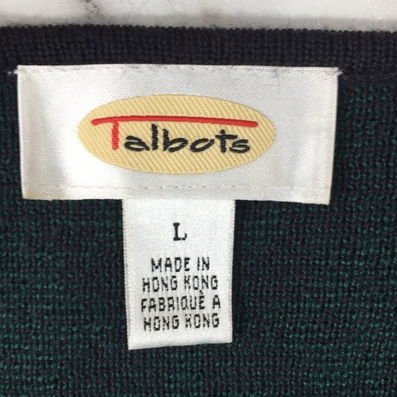 Talbots Vintage Black Green Damask Floral Cardigan Sweater Womens L Wool‎ Blend - Picture 5 of 12